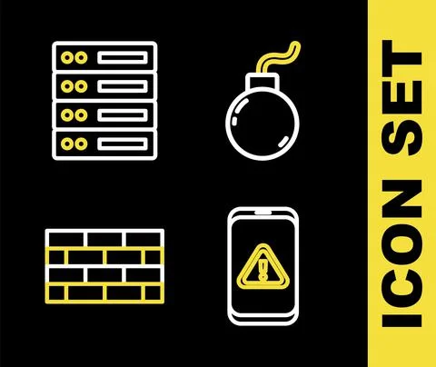 Set line Bomb ready to explode, Mobile with exclamation mark, Firewall, security Stock Illustration