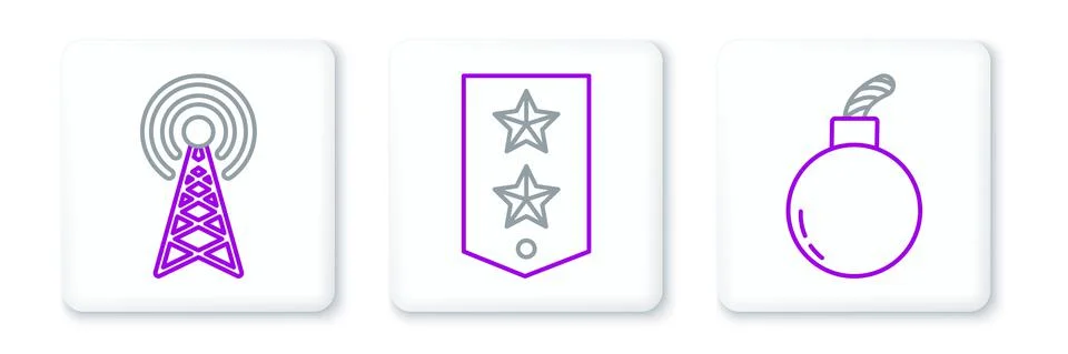 Set line Bomb ready to explode, Radar and Chevron icon. Vector Stockillustratie