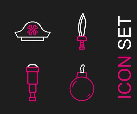 Set line Bomb ready to explode, Spyglass telescope lens, Pirate sword and hat 스톡 일러스트