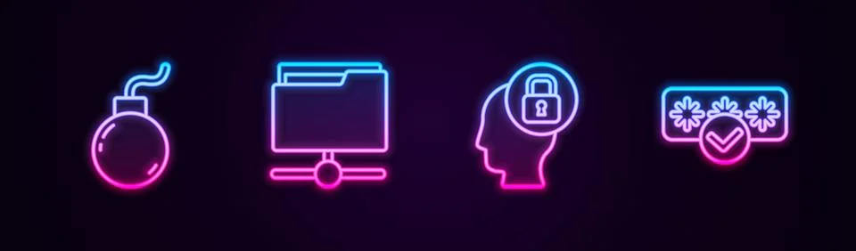 Set line Bomb ready to explode, FTP folder, Human head with lock and Password イラスト素材