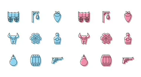 Set line Bomb ready to explode, Gun powder barrel, Wild west covered wagon Illustrazione stock