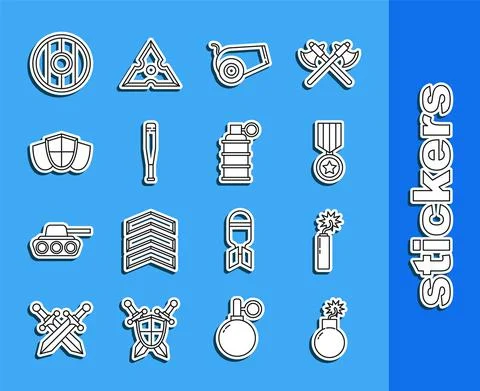 Set line Bomb ready to explode, Dynamite bomb stick clock, Military reward medal Stock Illustration