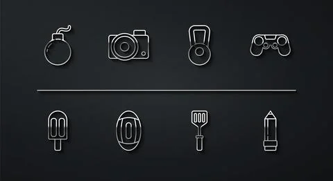 Set line Bomb ready to explode, Ice cream, Gamepad, Spatula, American Football Stock Illustration