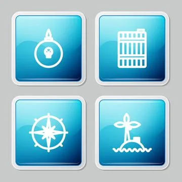 Set line Bomb ready to explode, Wooden barrel, Wind rose and Tropical island 스톡 일러스트