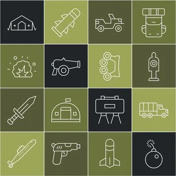 Set line Bomb ready to explode, Military truck, Human target sport for shooting Stock Illustration