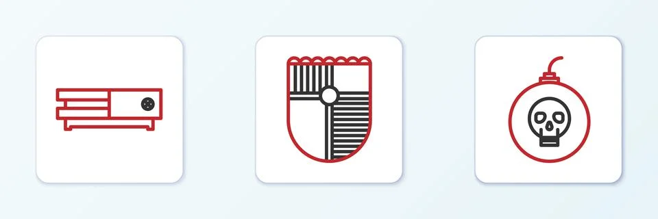 Set line Bomb ready to explode, Video game console and Shield for icon. Vector 스톡 일러스트