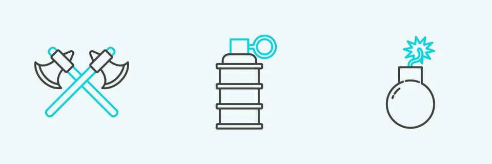 Set line Bomb ready to explode, Crossed medieval axes and Hand grenade icon 스톡 일러스트