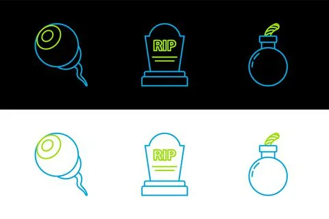 Set line Bomb ready to explode, Eye and Tombstone with RIP icon. Vector Illustrazione stock