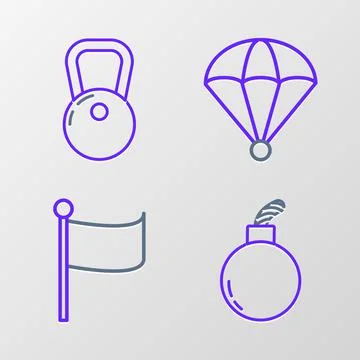 Set line Bomb ready to explode, Flag, Parachute and Kettlebell icon. Vector 스톡 일러스트