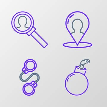 Set line Bomb ready to explode, Handcuffs, Map marker with silhouette of pers 스톡 일러스트