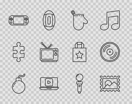 Set line Bomb ready to explode, Postal stamp, Oven glove, Online play video,  스톡 일러스트