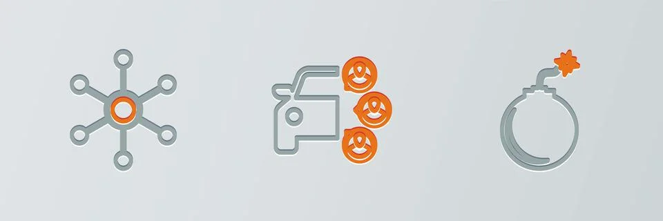 Set line Bomb ready to explode, Network and Car sharing icon. Vector Stock Illustration