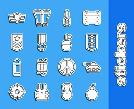 Set line Bomb ready to explode, Military tank, Chevron, dog tag, reward medal Stockillustratie