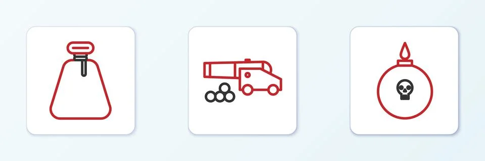 Set line Bomb ready to explode, Pirate sack and Cannon with cannonballs icon. Stock Illustration