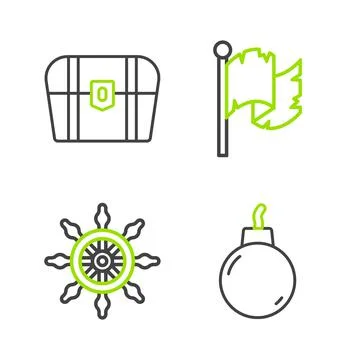 Set line Bomb ready to explode, Ship steering wheel, Pirate flag and Antique  스톡 일러스트