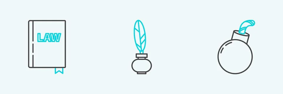 Set line Bomb ready to explode, Law book and Feather and inkwell icon. Vector Stock Illustration