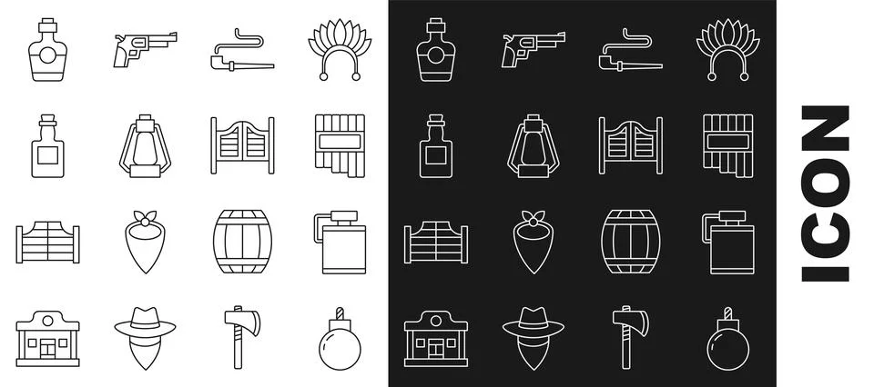 Set line Bomb ready to explode, Canteen water bottle, Pan flute, Smoking pipe Stock Illustration