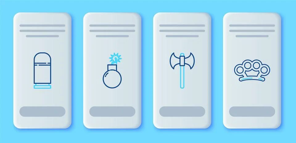 Set line Bomb ready to explode, Medieval axe, Cartridges and Brass knuckles icon 스톡 일러스트