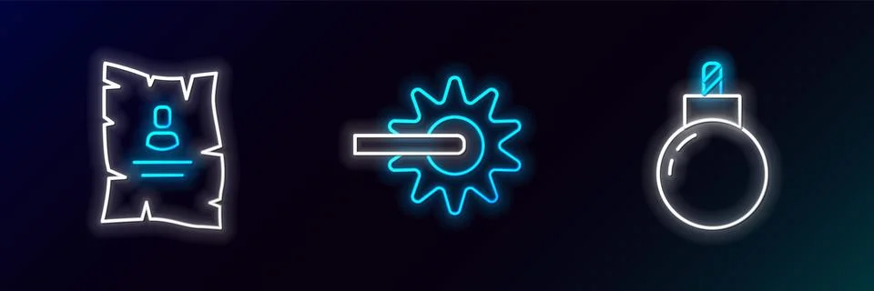 Set line Bomb ready to explode, Wanted western poster and Spur icon. Glowing Stock Illustration