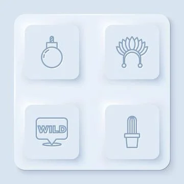 Set line Bomb ready to explode, Indian headdress with feathers, Pointer wild Illustrazione stock