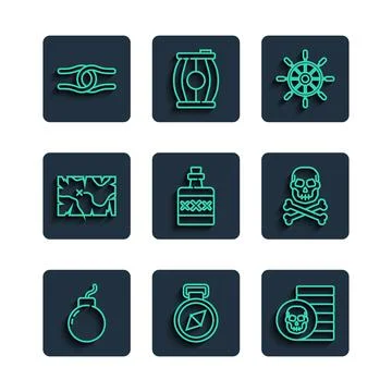 Set line Bomb ready to explode, Compass, Pirate coin, Ship steering wheel 库存插图