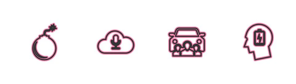 Set line Bomb ready to explode, Car sharing, Music streaming service and Head Illustrazione stock