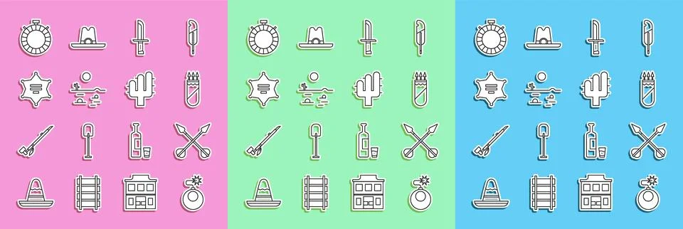 Set line Bomb ready to explode, Crossed arrows, Quiver with, Military knife 스톡 일러스트