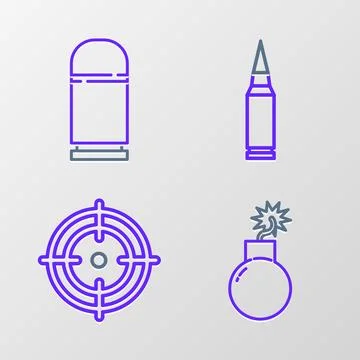 Set line Bomb ready to explode, Target sport, Bullet and Cartridges icon. Vector イラスト素材