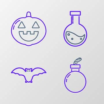 Set line Bomb ready to explode, Flying bat, Bottle with potion and Pumpkin icon Stock Illustration