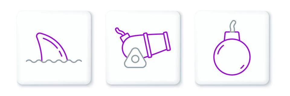 Set line Bomb ready to explode, Shark fin in ocean wave and Cannon icon. Vector 스톡 일러스트