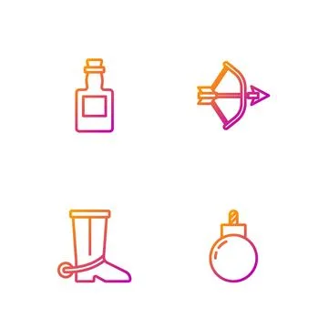 Set line Bomb ready to explode, Cowboy boot, Tequila bottle and Bow and arrow in Stock Illustration