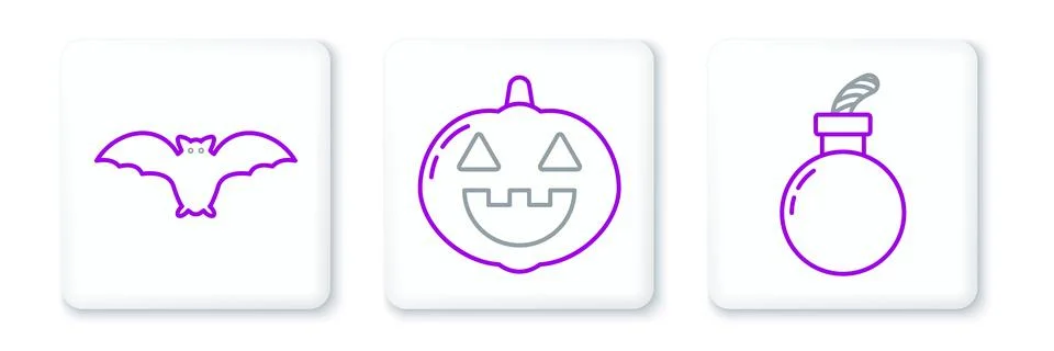 Set line Bomb ready to explode, Flying bat and Pumpkin icon. Vector イラスト素材