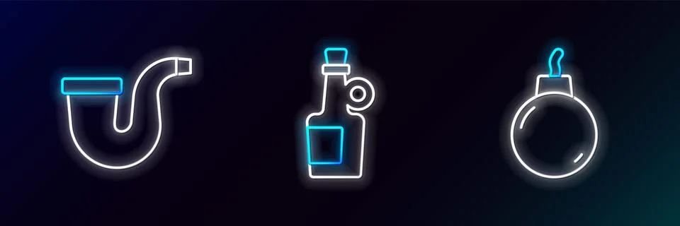 Set line Bomb ready to explode, Smoking pipe and Alcohol drink Rum icon. Glowing Illustrazione stock