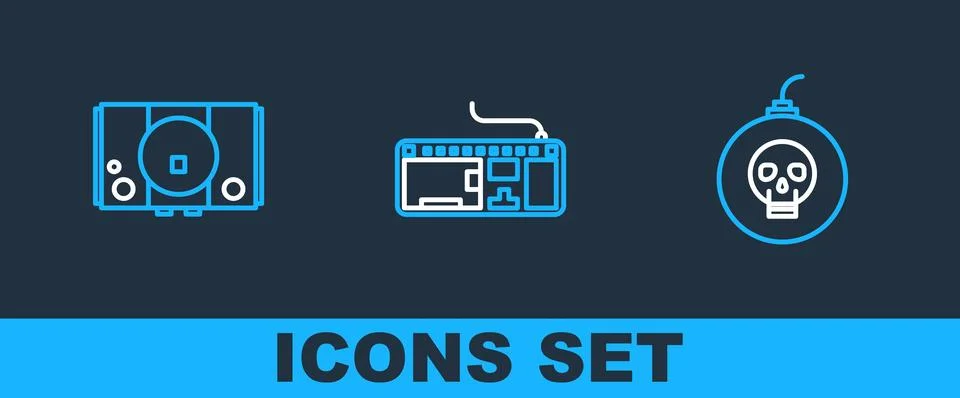 Set line Bomb ready to explode, Video game console and Computer keyboard icon イラスト素材