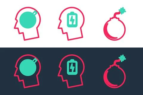 Set line Bomb ready to explode, Head hunting concept and with low battery icon Stock Illustration