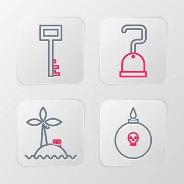 Set line Bomb ready to explode, Tropical island in ocean, Pirate hook and key 스톡 일러스트