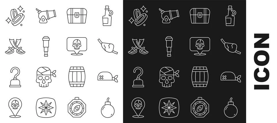 Set line Bomb ready to explode, Pirate bandana for head, eye patch, Antique Stock Illustration