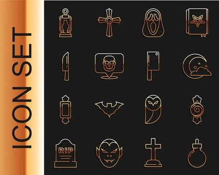 Set line Bomb ready to explode, Candy, Moon stars, Funny scary ghost mask, Skull Illustrazione stock