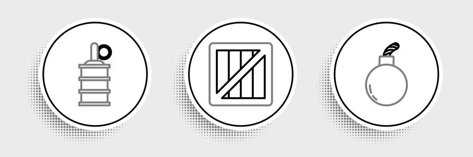 Set line Bomb ready to explode, Hand grenade and Military ammunition box icon Stock Illustration