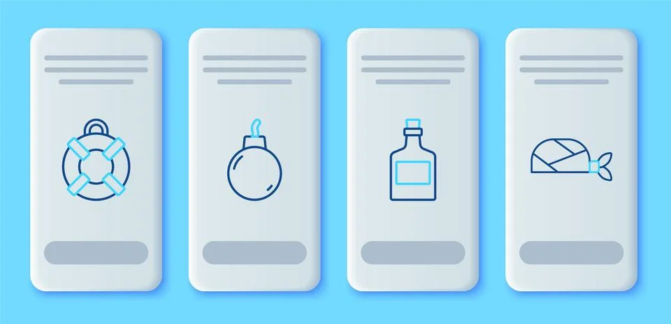 Set line Bomb ready to explode, Alcohol drink Rum, Lifebuoy and Pirate bandana 스톡 일러스트