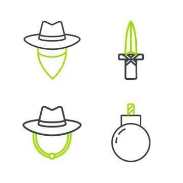 Set line Bomb ready to explode, Western cowboy hat, Dagger and Cowboy icon 스톡 일러스트