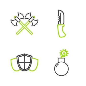 Set line Bomb ready to explode Shield Military knife and Crossed medieval axe イラスト素材