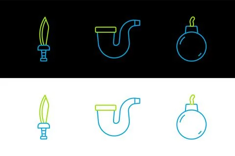 Set line Bomb ready to explode, Pirate sword and Smoking pipe icon. Vector Stock Illustration