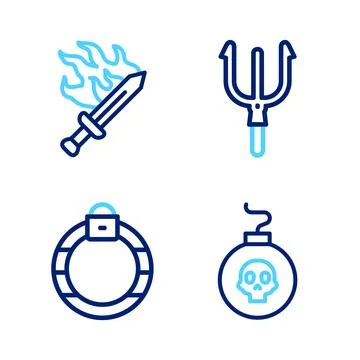 Set line Bomb ready to explode Magic stone ring Neptune Trident and Sword for Stock Illustration