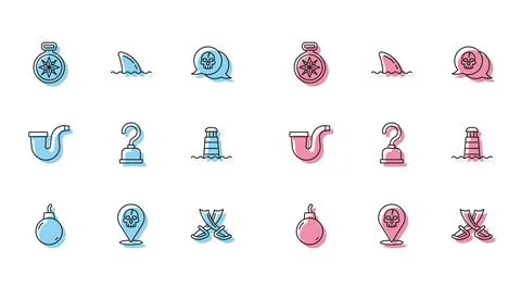 Set line Bomb ready to explode, Location pirate, Compass, Crossed swords, P.. Illustrazione stock