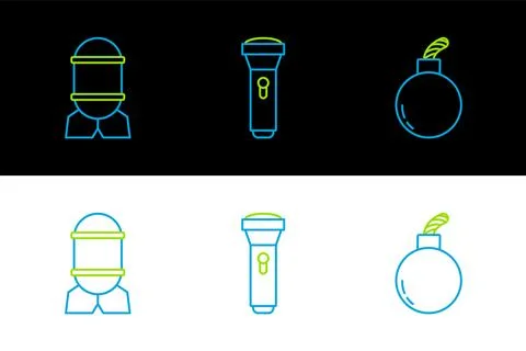 Set line Bomb ready to explode, Aviation bomb and Flashlight icon. Vector Stock Illustration
