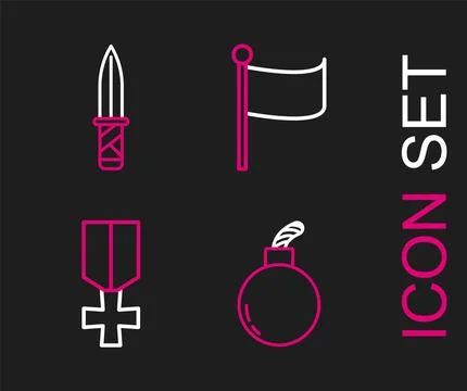 Set line Bomb ready to explode, Military reward medal, Flag and knife icon... イラスト素材