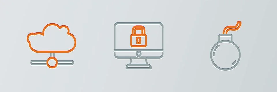 Set line Bomb ready to explode Network cloud connection and Lock computer mon Stock Illustration