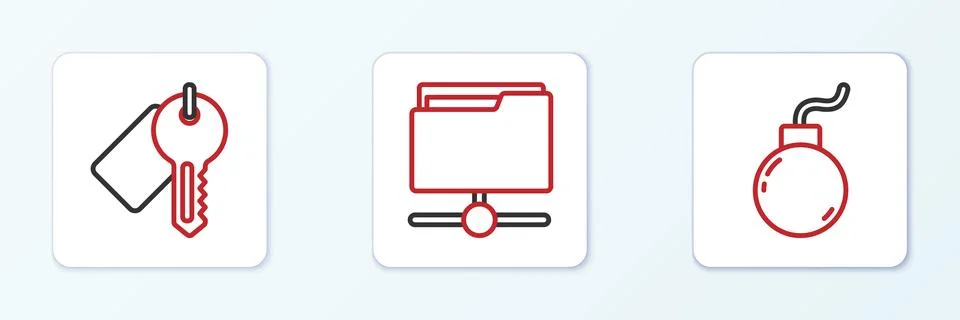 Set line Bomb ready to explode, Marked key and FTP folder icon. Vector 스톡 일러스트