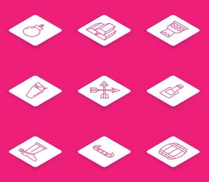 Set line Bomb ready to explode, Gold bars, Drum, Revolver gun in holster, C.. Stock Illustration